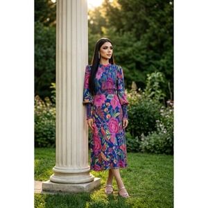 Farm Rio Macaw Bloom Floral Smocked Midi Dress Long Sleeve Floral Parrot XS